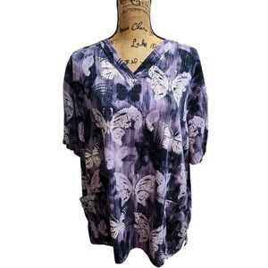 White Cross Butterfly Print Scrub Top‎ V-Neck Short Sleeve Purple XXL